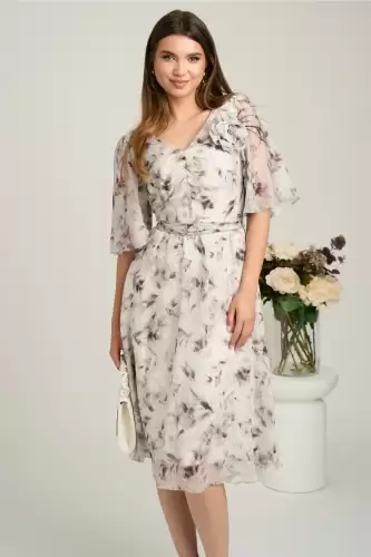 Rochie midi gri din voal cu imprimeuri si floare maxi pe bust- Viada