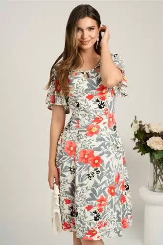 Rochie midi ivory din viscoza in clin cu imprimeu gri-corai si decupaje la decolteu