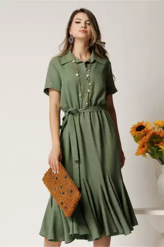 Rochie midi kaki din viscoza in clos cu nasturi si cordon