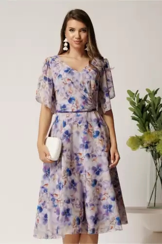 Rochie midi lila din voal in clos cu imprimeuri albastre