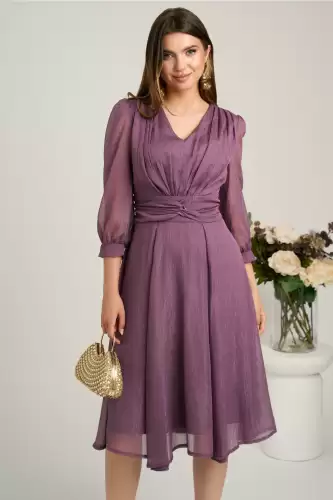 Rochie midi lila in clos din voal cu fir lurex- Ella Collection Gina