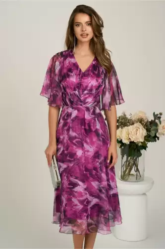 Rochie midi magenta din voal in clos cu imprimeuri si maneci vaporoase