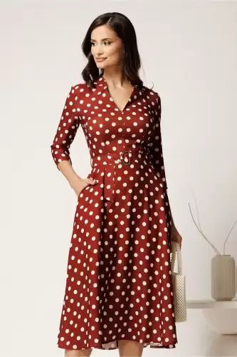 Rochie midi maro cu buline din stofa cu cordon in talie