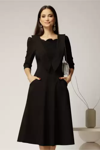 Rochie midi neagra de ocazie cu insertii din dantela la bust si buzunare