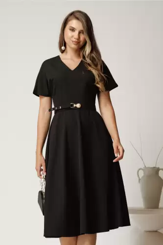 Rochie midi neagra din stofa subtire cu croi clos si curea in talie