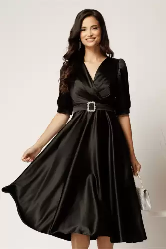 Rochie midi neagra din tafta cu decolteu in V si cordon cu catarama