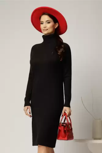 Rochie midi neagra din tricot cu guler intors