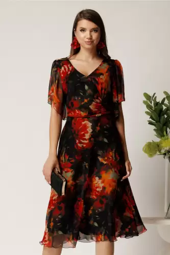 Rochie midi neagra din voal in clos cu imprimeuri maro