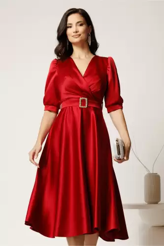 Rochie midi rosie din tafta cu decolteu in V si cordon cu catarama
