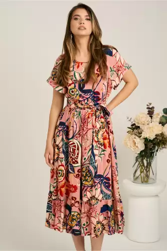 Rochie midi roz din viscoza in clos cu imprimeu colorat si cordon in talie