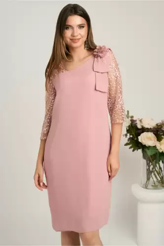 Rochie midi roz din voal cu croi drept si glitter pe maneci- Viada