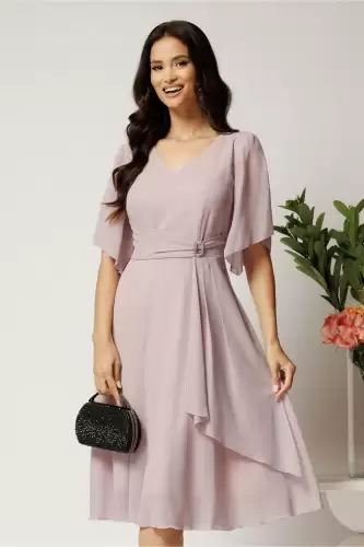 Rochie midi roz din voal in clos cu glitter si accesoriu in talie