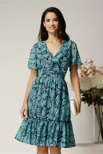 Rochie midi turcoaz din voal cu imprimeu si volane