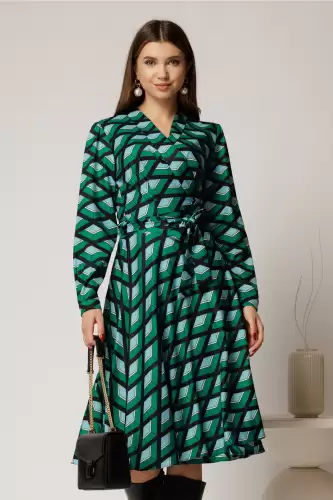 Rochie midi verde din stofa petrecuta cu imprimeuri negru si cordon in talie