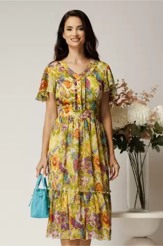 Rochie midi verde din voal cu imprimeuri mov in clos cu volanase