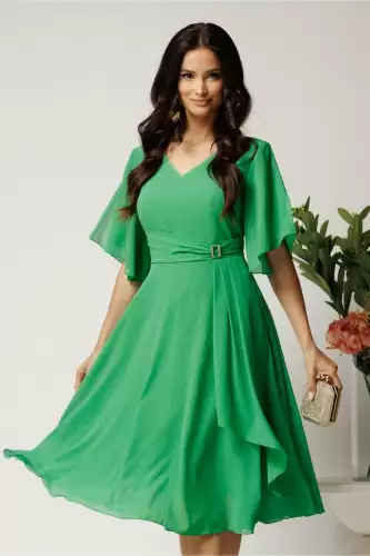 Rochie midi verde din voal in clos cu glitter si accesoriu in talie