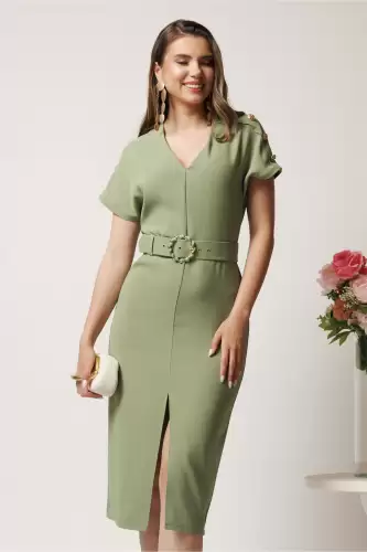 Rochie midi verde maslina conica cu nasturi pe umeri si curea in talie