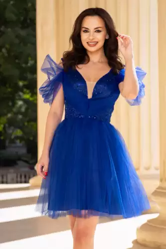 Rochie mini baby doll din tulle si paiete