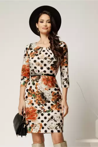 Rochie Mirela bej cu flori maro si curea in talie