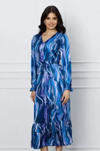Rochie Moze albastra cu imprimeuri si nasturi decorativi pe bust