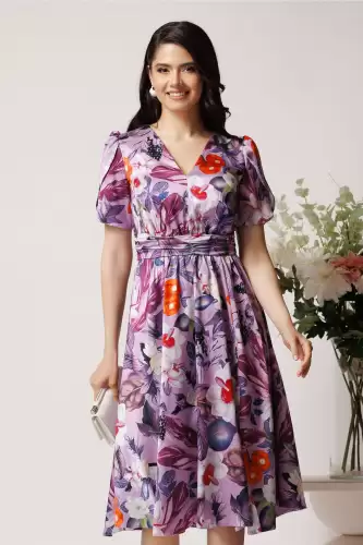 Rochie Moze din satin lila cu imprimeu floral