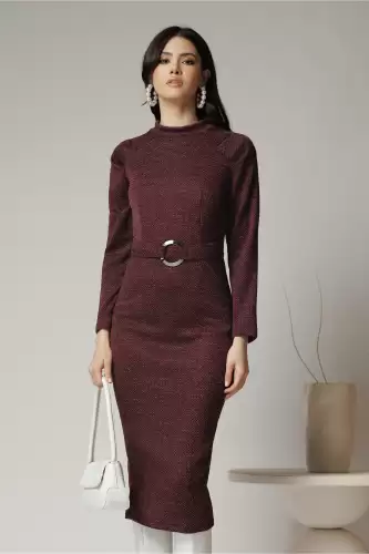 Rochie Moze office din jerse burgundy cu catarama in talie