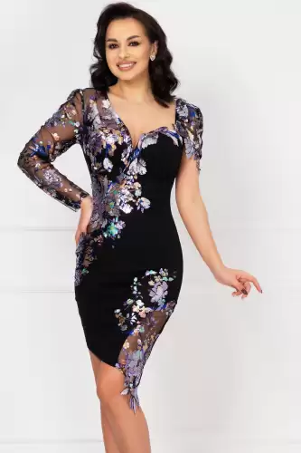 Rochie neagra de seara Adelina asimetrica cu flori pastelate si paiete