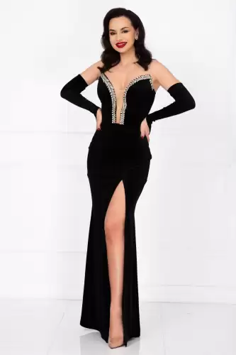 Rochie neagra de seara Olimpia din catifea cu pietre sclipitoare