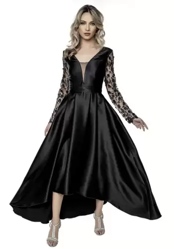 Rochie neagra din tafta asimetrica cu dantela in partea superioara