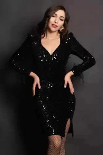 Rochie neagra eleganta scurta Elma cu paiete si fulgi