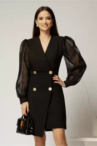 Rochie neagra scurta tip sacou cu maneci din dantela