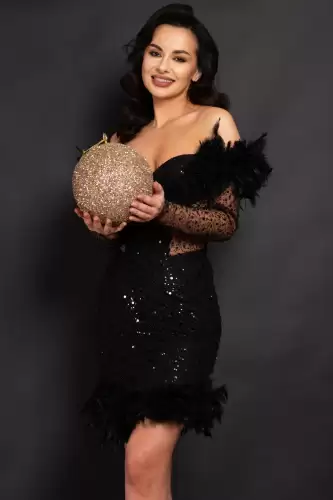 Rochie neagra Valentina scurta cu paiete si fulgi