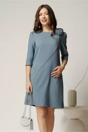 Rochie office din stofa bleu cu floare pe umar
