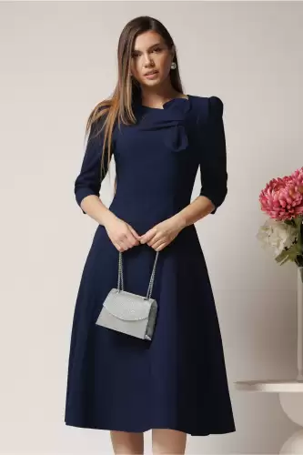 Rochie office din stofa bleumarin cu funda la bust