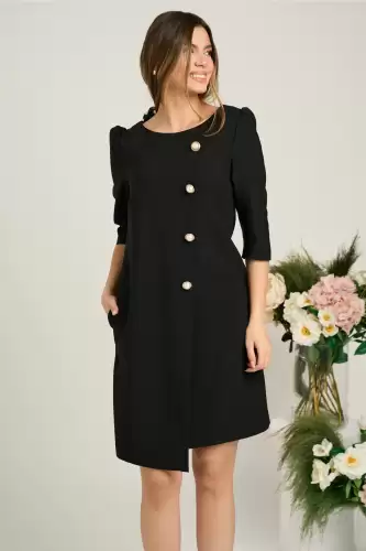 Rochie office din stofa neagra cu nasturi perlati