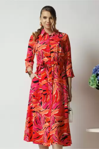 Rochie office din viscoza fucsia cu imprimeu portocaliu si cordon in talie