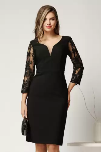 Rochie Poppy midi neagra de ocazie cu maneci din dantela cu paiete