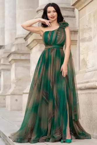 Rochie pretioasa Josephine verde cu imprimeu tip pictura