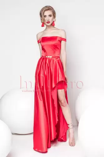 Rochie Pretty Girl eleganta rosie din tafta lasata pe umeri