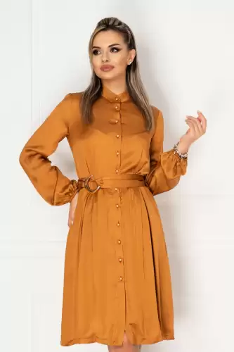 Rochie Pretty Girl mustar din vascoza cu cordon in talie si nasturi tip perla