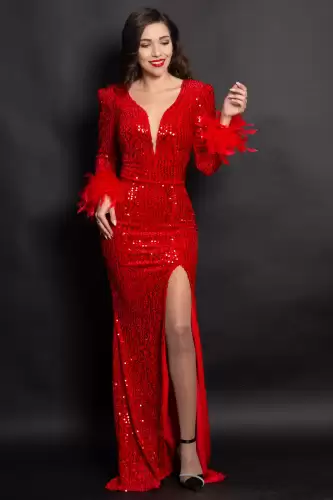 Rochie rosie de seara tip sirena Serafina cu paiete si fulgi