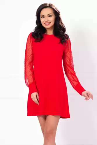 Rochie rosie lejera cu maneci din tulle cu buline