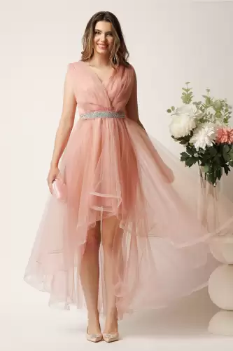 Rochie roz cu lungime asimetrica din tull in clos cu cordon in talie- Ella Collection Isabel