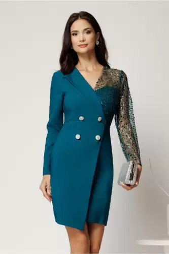 Rochie Sasha scurta verde din stofa cu croi conic si bust din paiete