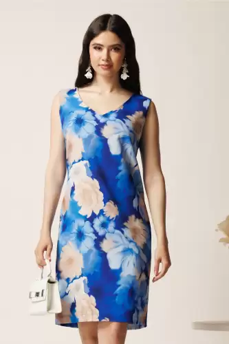 Rochie scurta albastra cu flori bej din viscoza