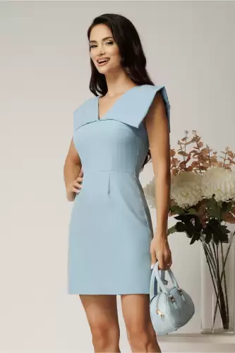 Rochie scurta bleu evazata din stofa cu guler maxi