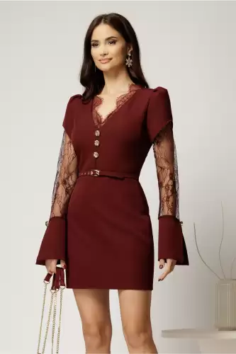 Rochie scurta bordo cu maneci din dantela si decolteu V