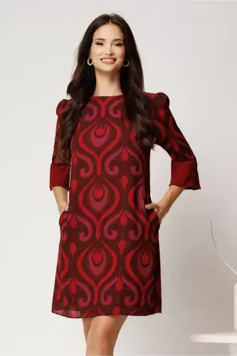 Rochie scurta bordo din voal cu imprimeu si croi cambrat