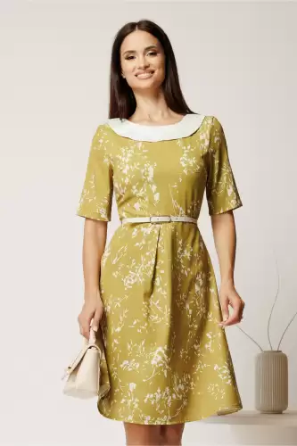 Rochie scurta galben mustar din triplu voal cu imprimeu alb si curea in talie