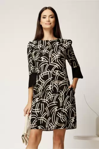 Rochie scurta neagra din voal cu imprimeu ivory si croi cambrat